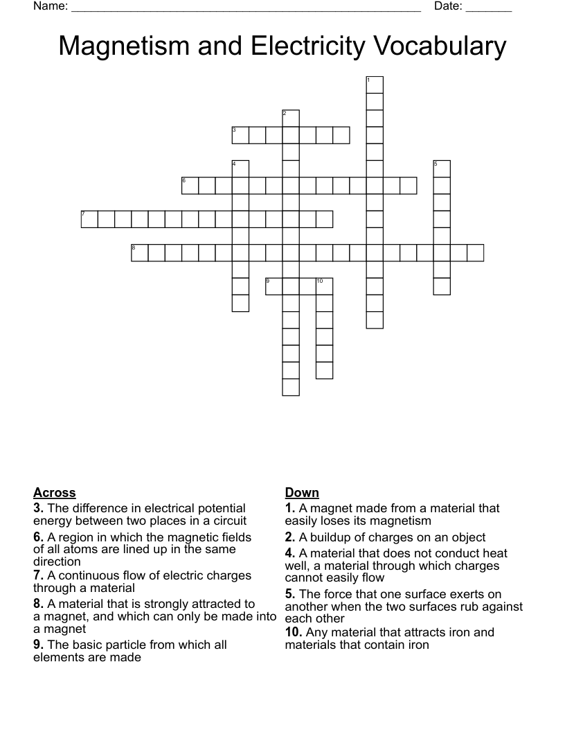Magnetism and Electricity Vocabulary Crossword