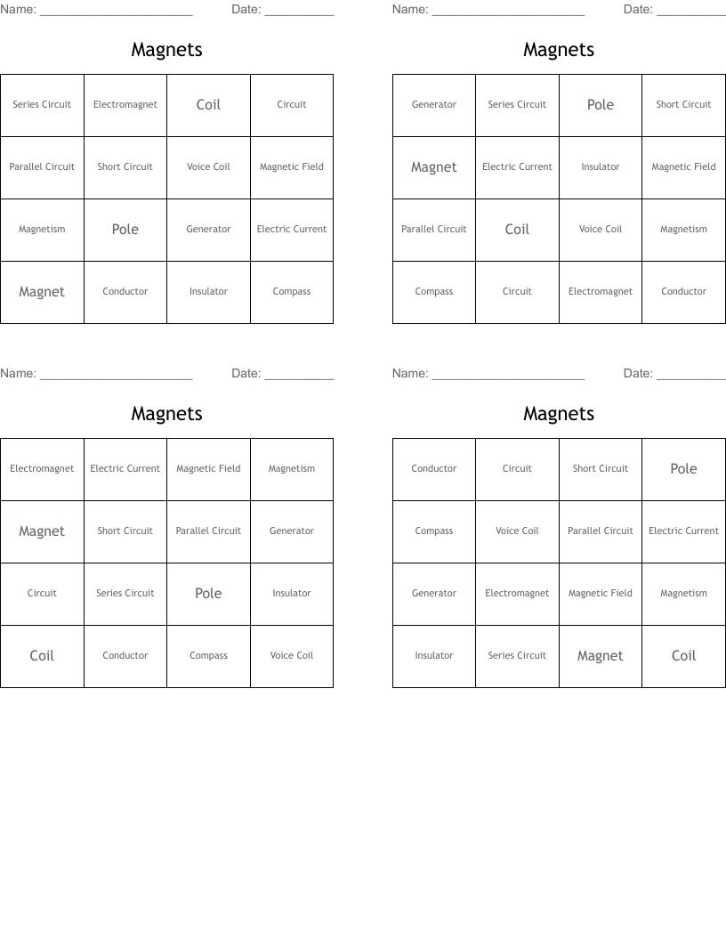 Magnets Bingo Cards