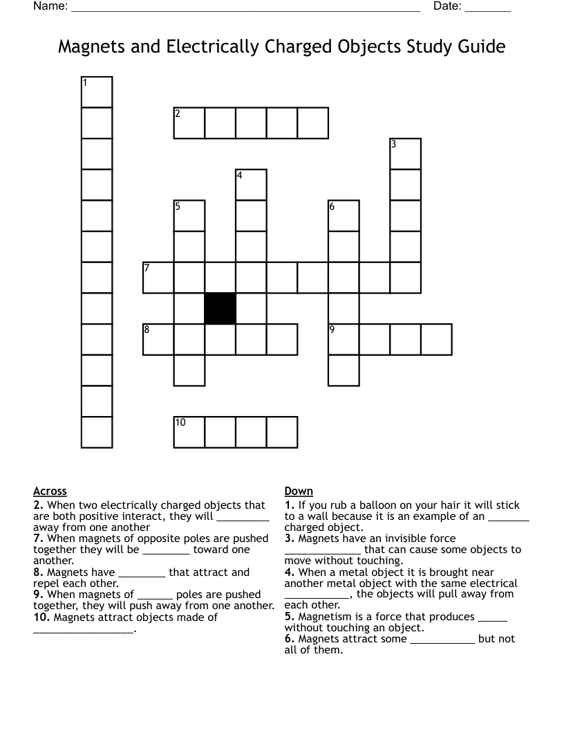 Magnets and Electrically Charged Objects Study Guide Crossword