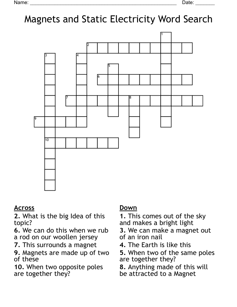 Magnets and Static Electricity Word Search Crossword