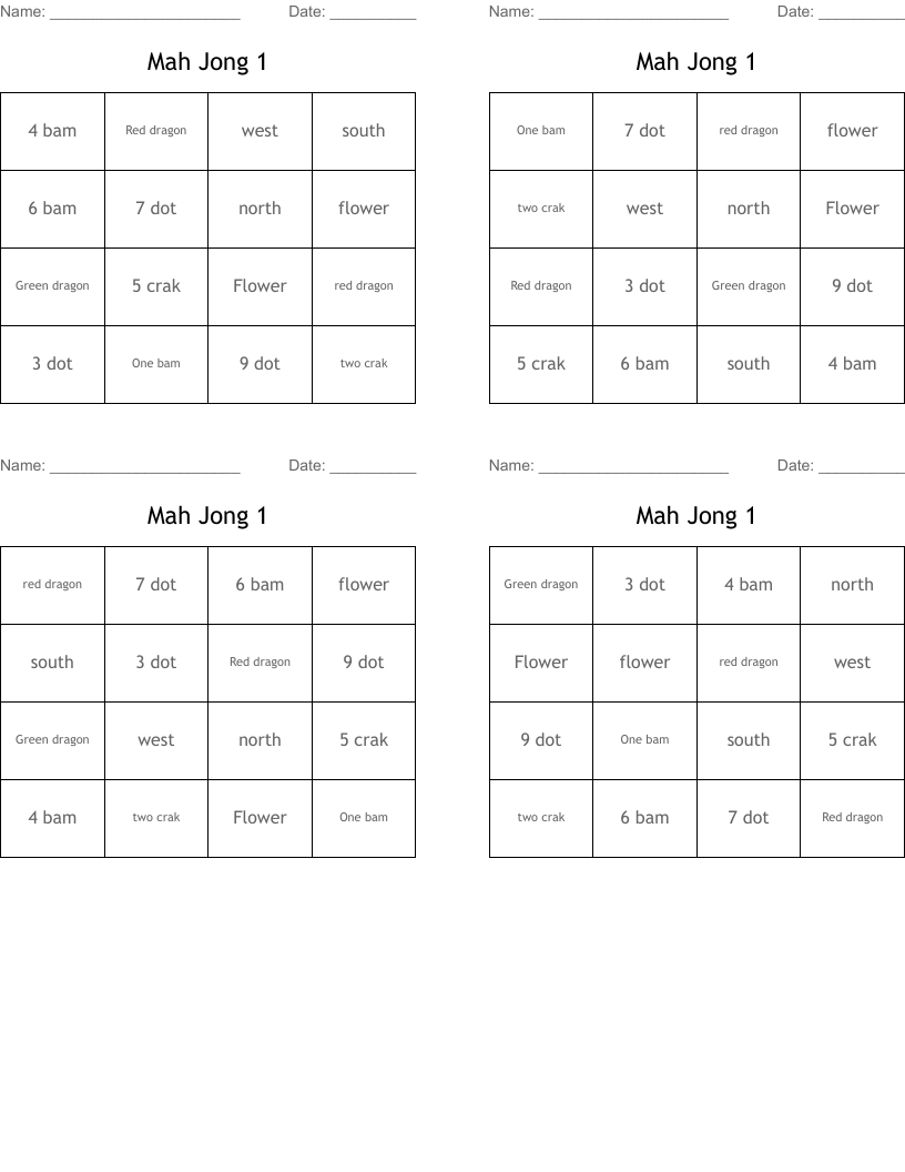 Mah Jong 1 Bingo Cards