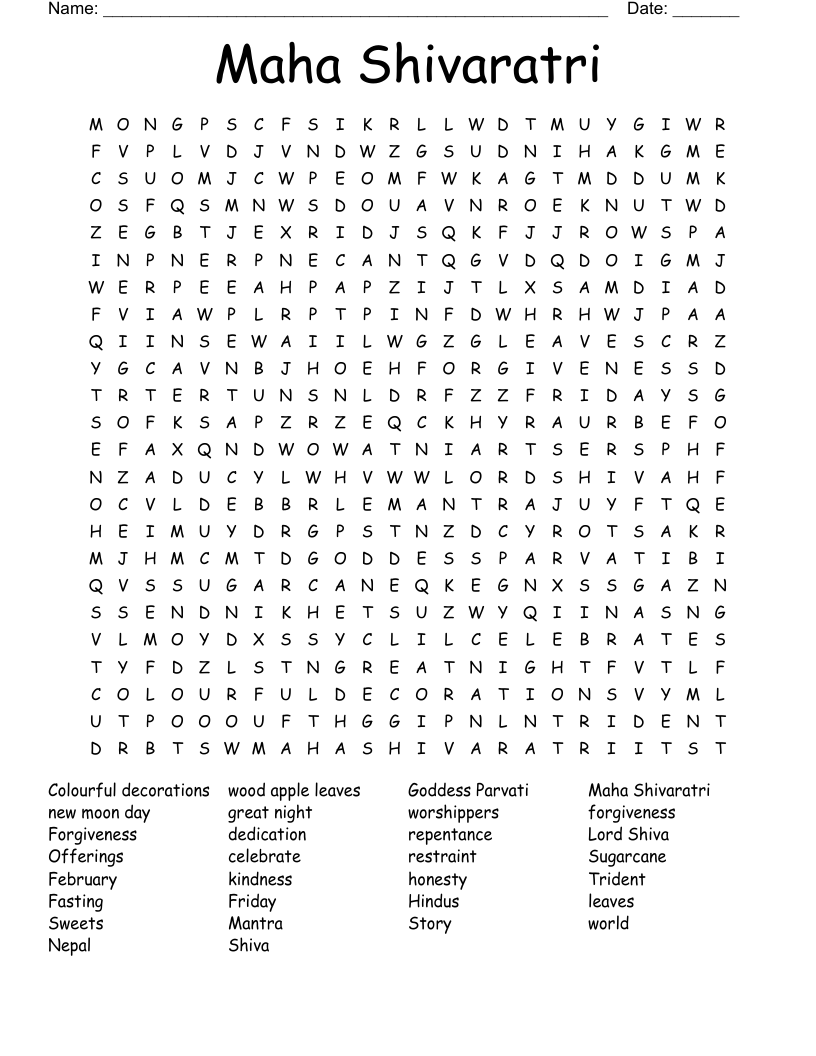 Maha Shivaratri Word Search