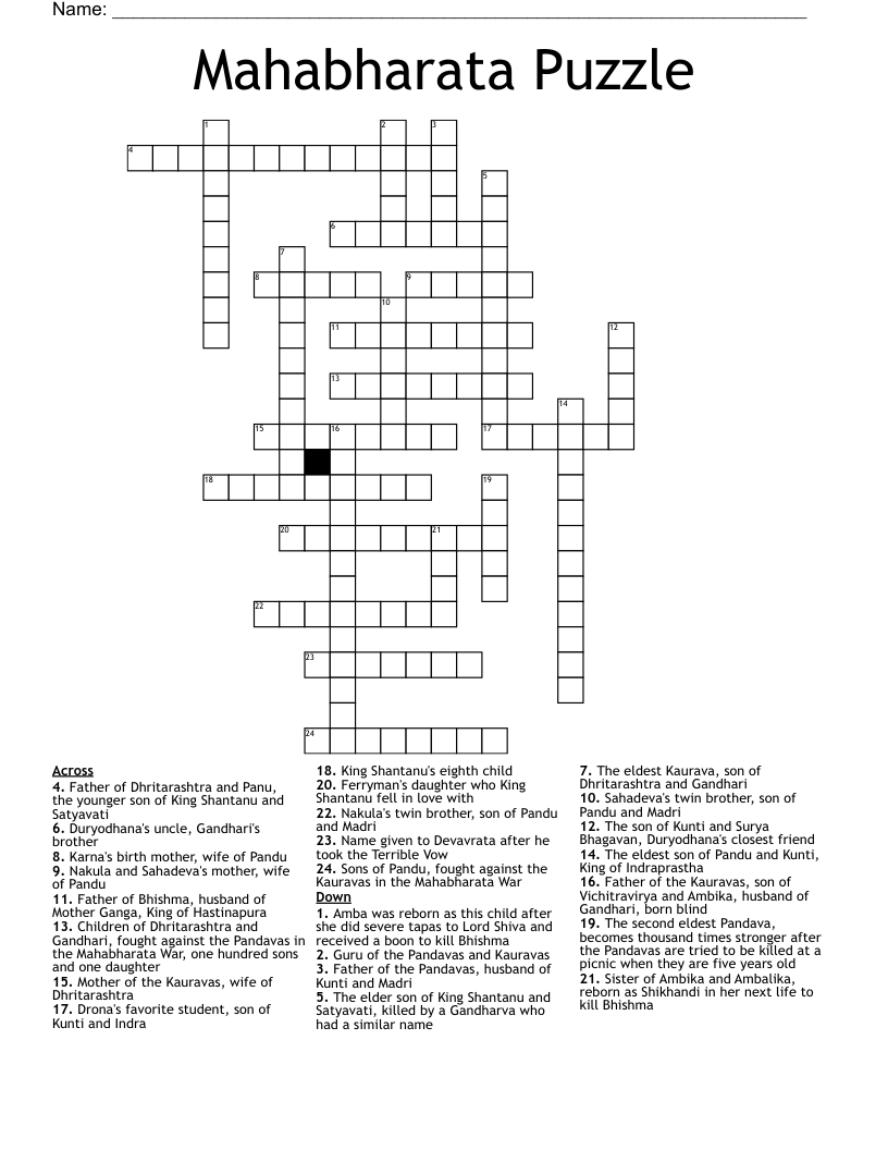 Mahabharata Puzzle Crossword