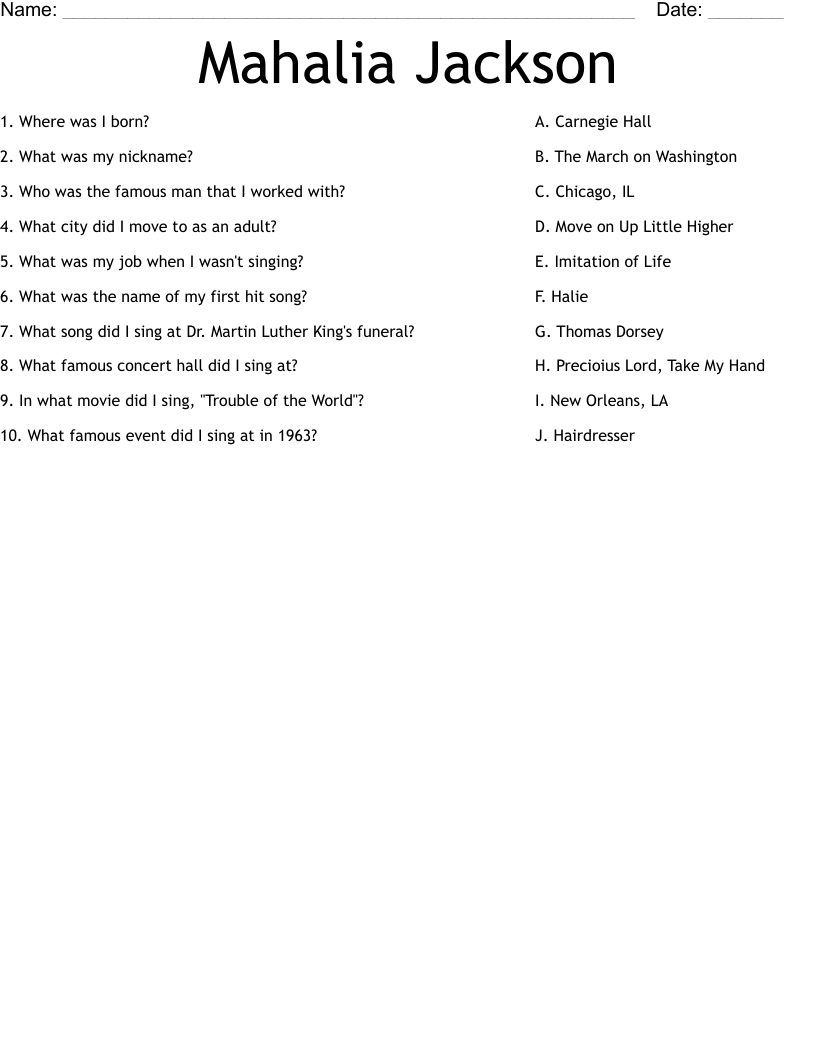Mahalia Jackson Worksheet