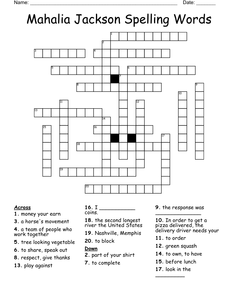 Mahalia Jackson Spelling Words  Crossword