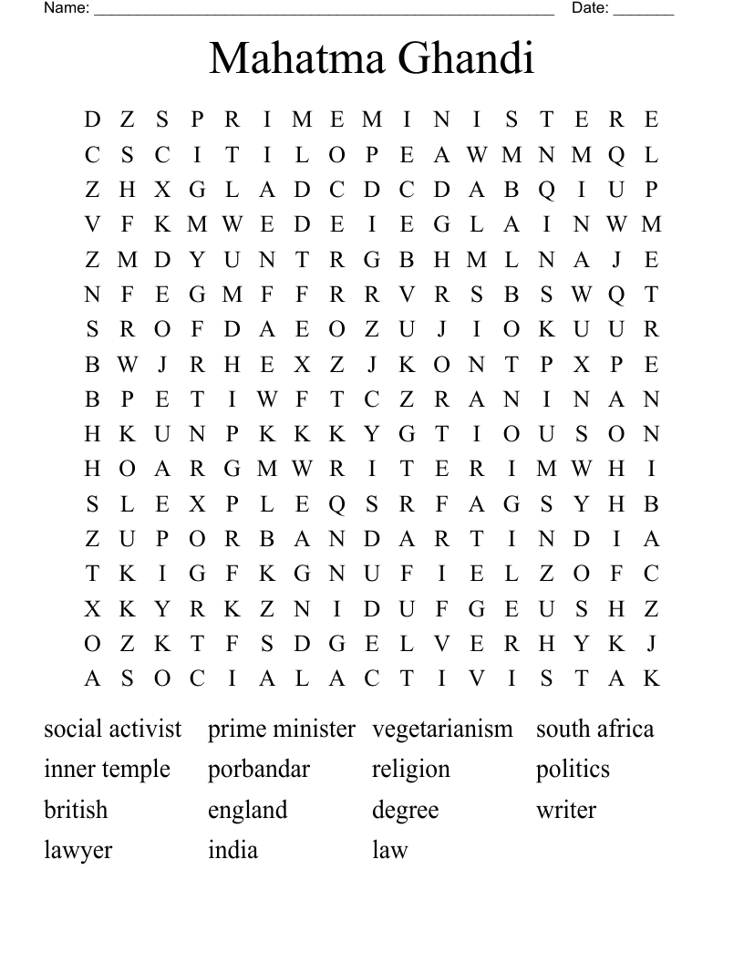 Mahatma Ghandi  Word Search