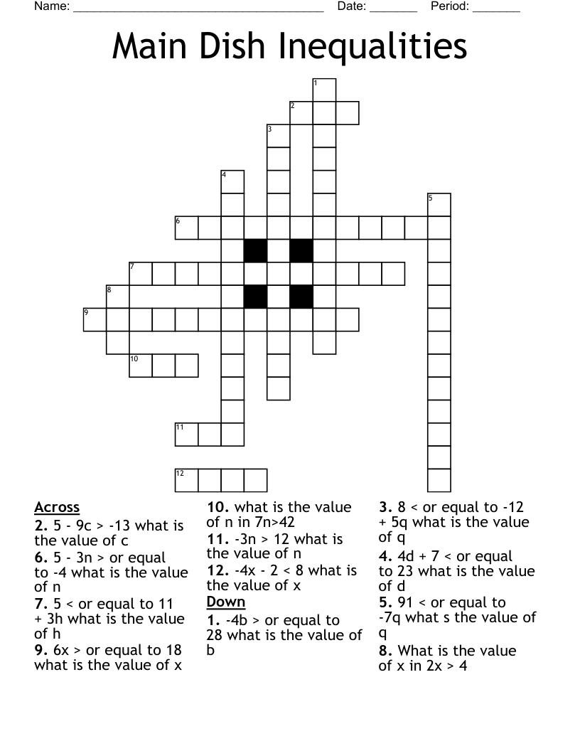 Main Dish Inequalities Crossword