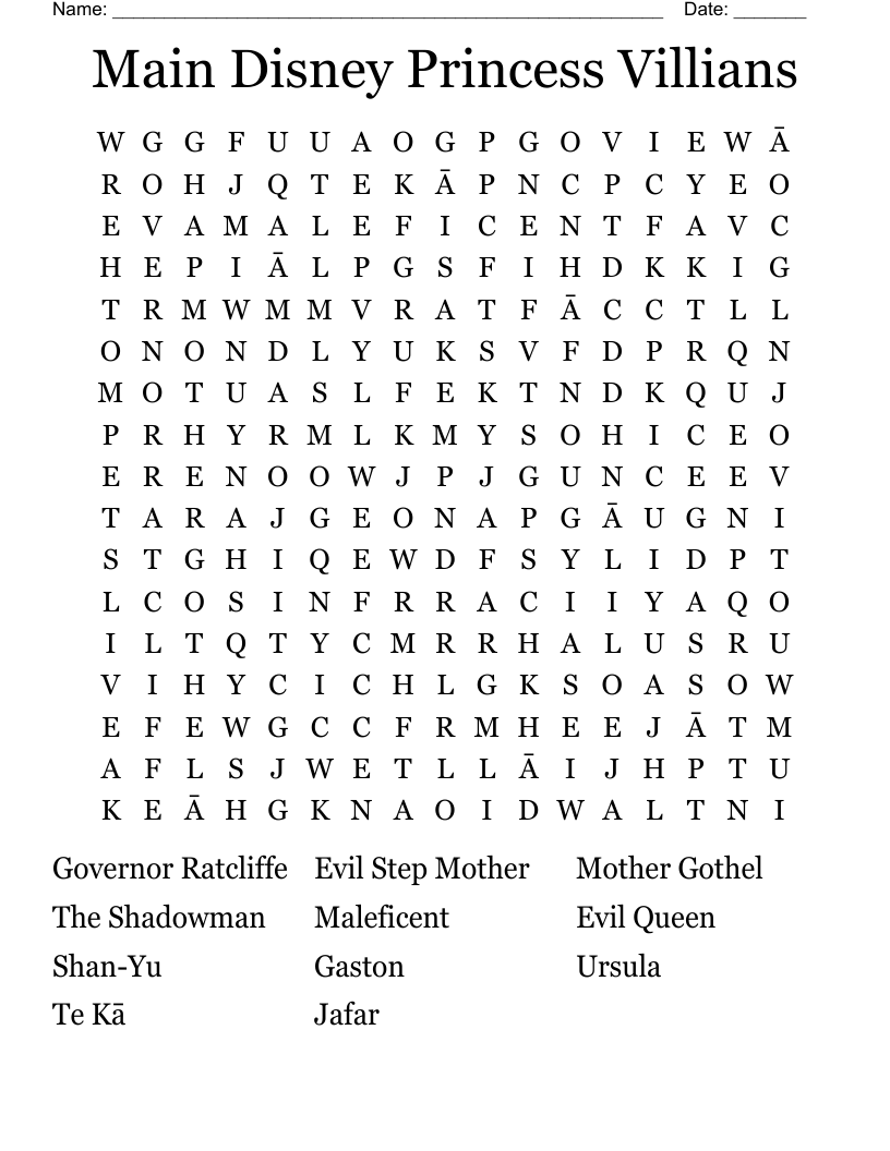 Main Disney Princess Villians Word Search