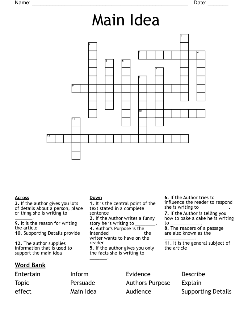 Main Idea Crossword