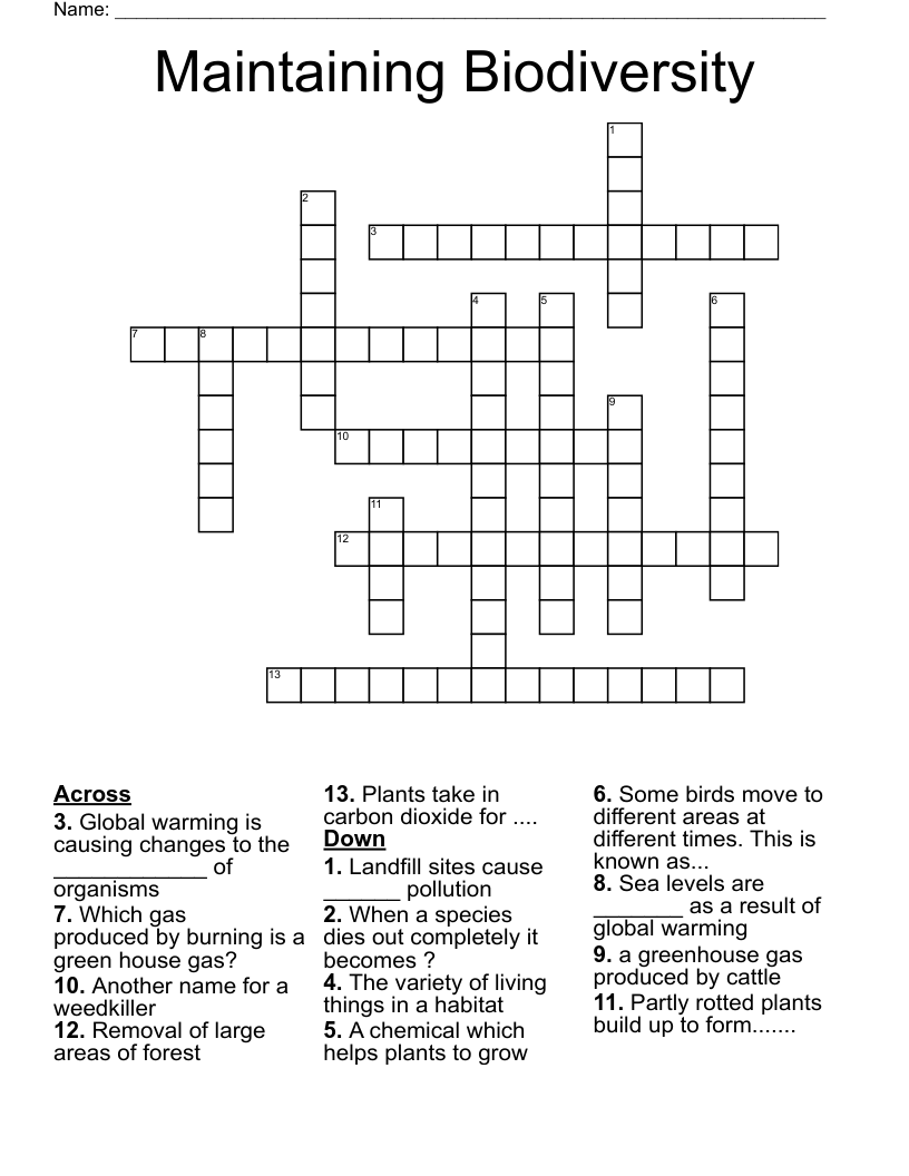 Maintaining Biodiversity Crossword