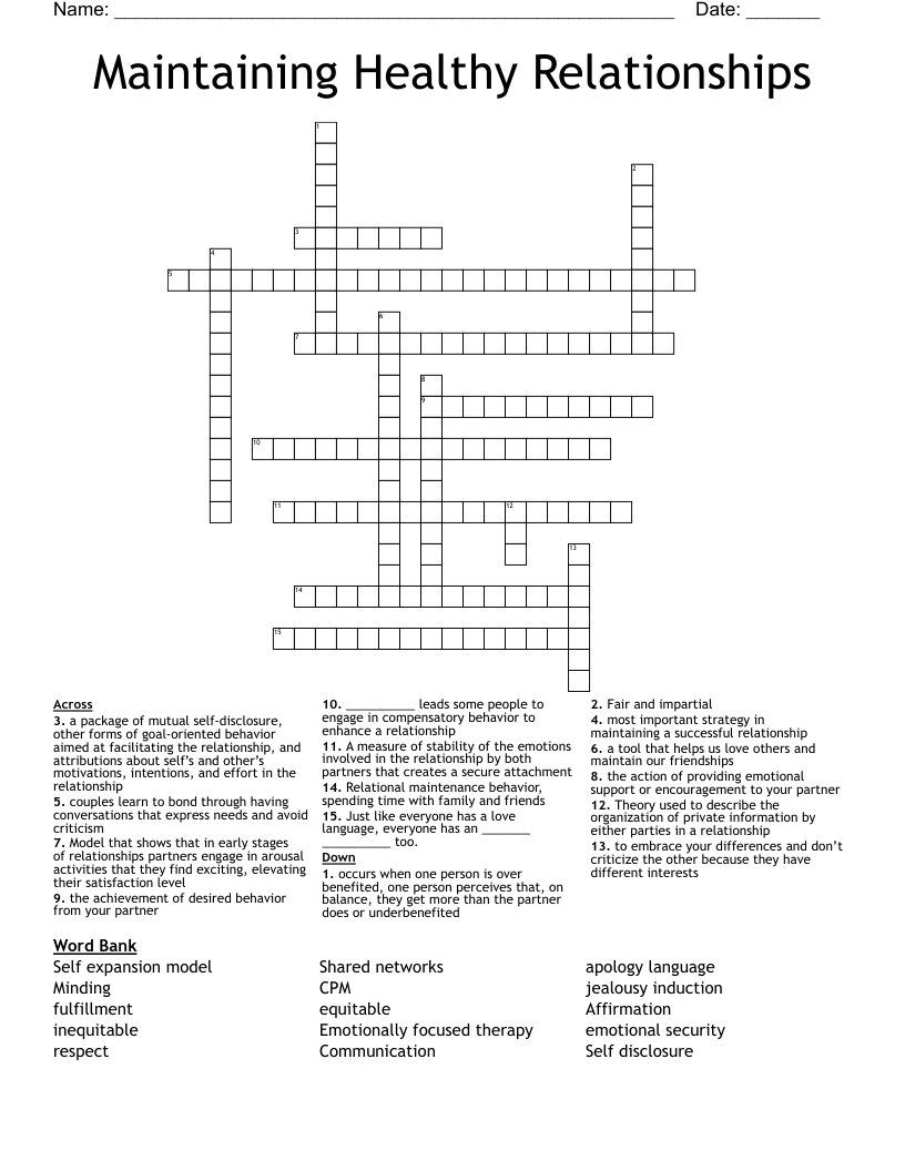Maintaining Healthy Relationships Crossword