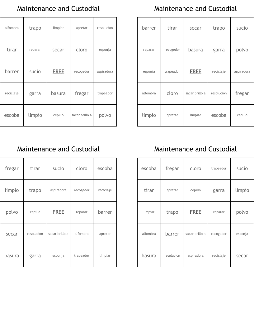 Maintenance and Custodial Bingo Cards