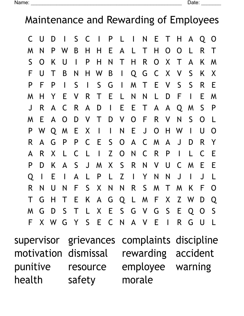 Maintenance and Rewarding of Employees Word Search