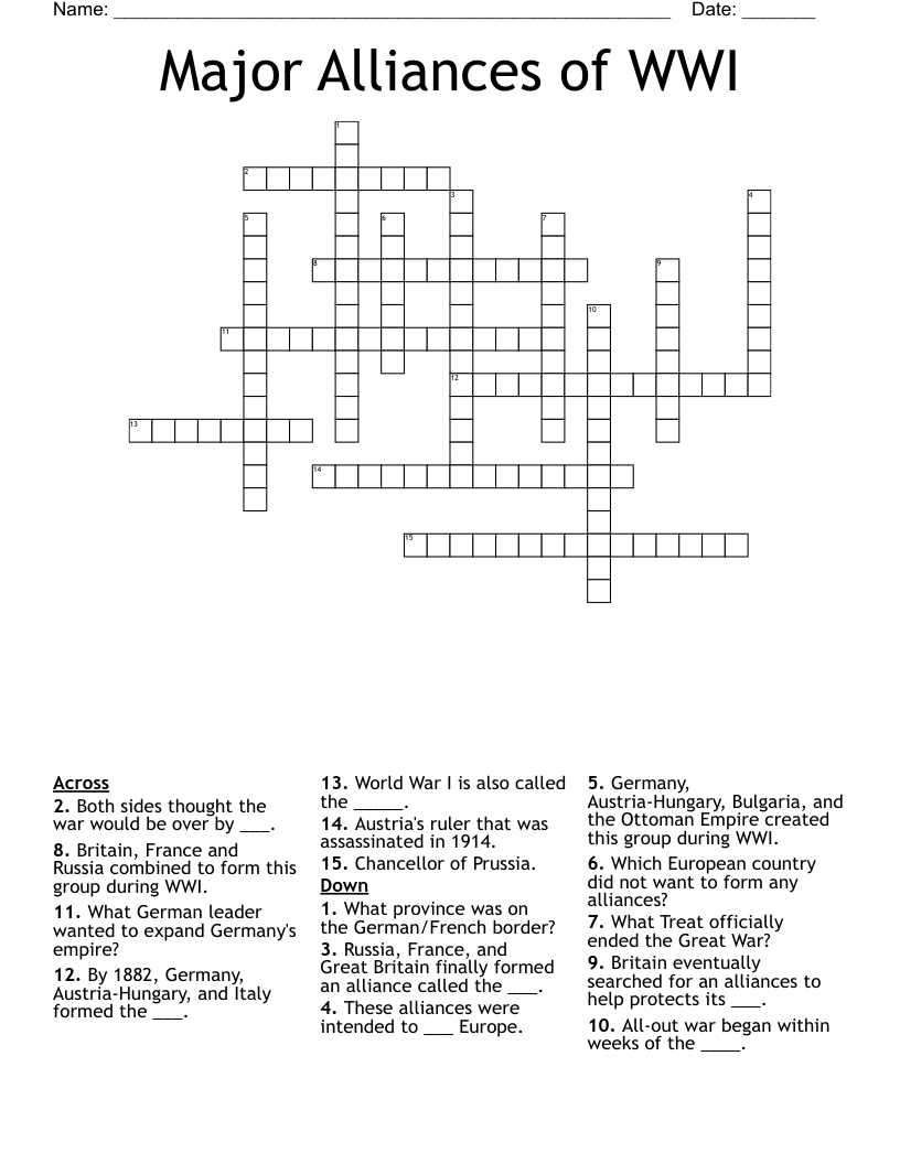 Major Alliances of WWI Crossword