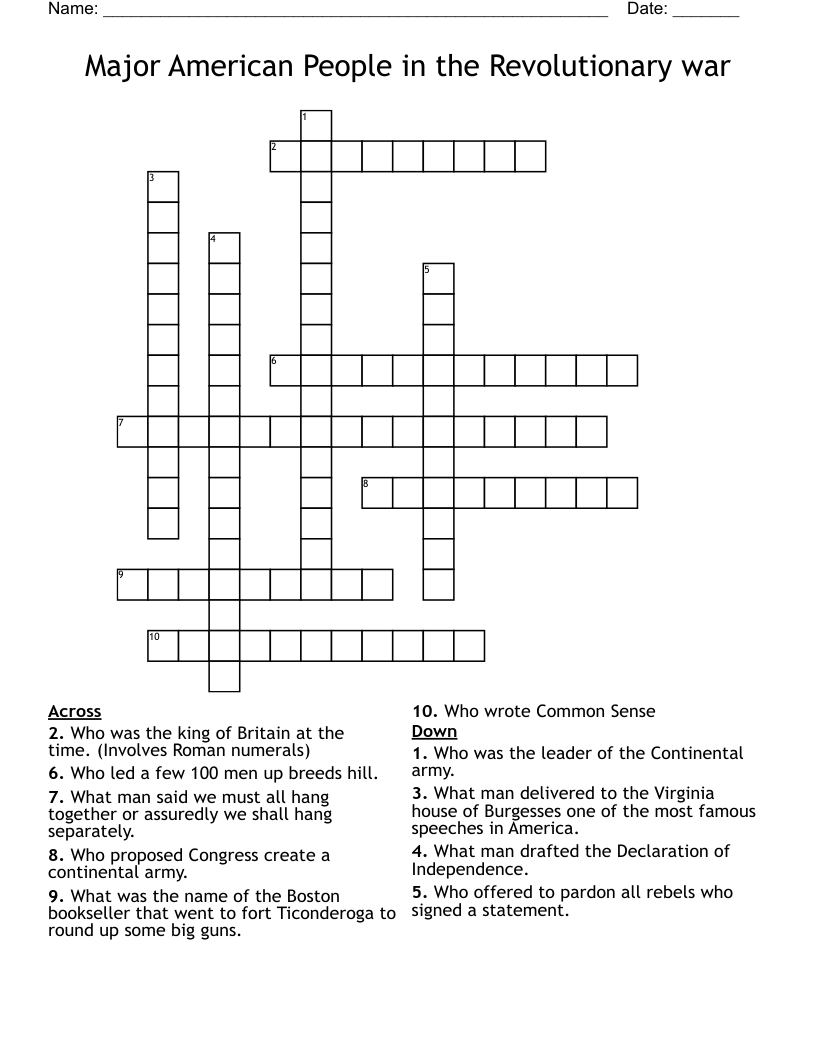 Major American People in the Revolutionary war Crossword