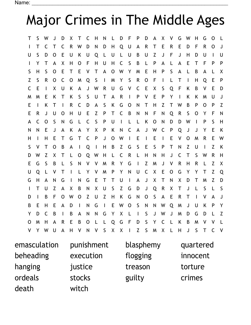 Major Crimes in The Middle Ages Word Search