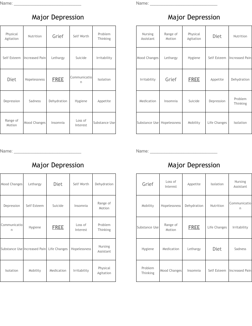 Major Depression Bingo Cards