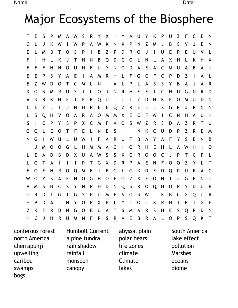 Major Ecosystems of the Biosphere Word Search