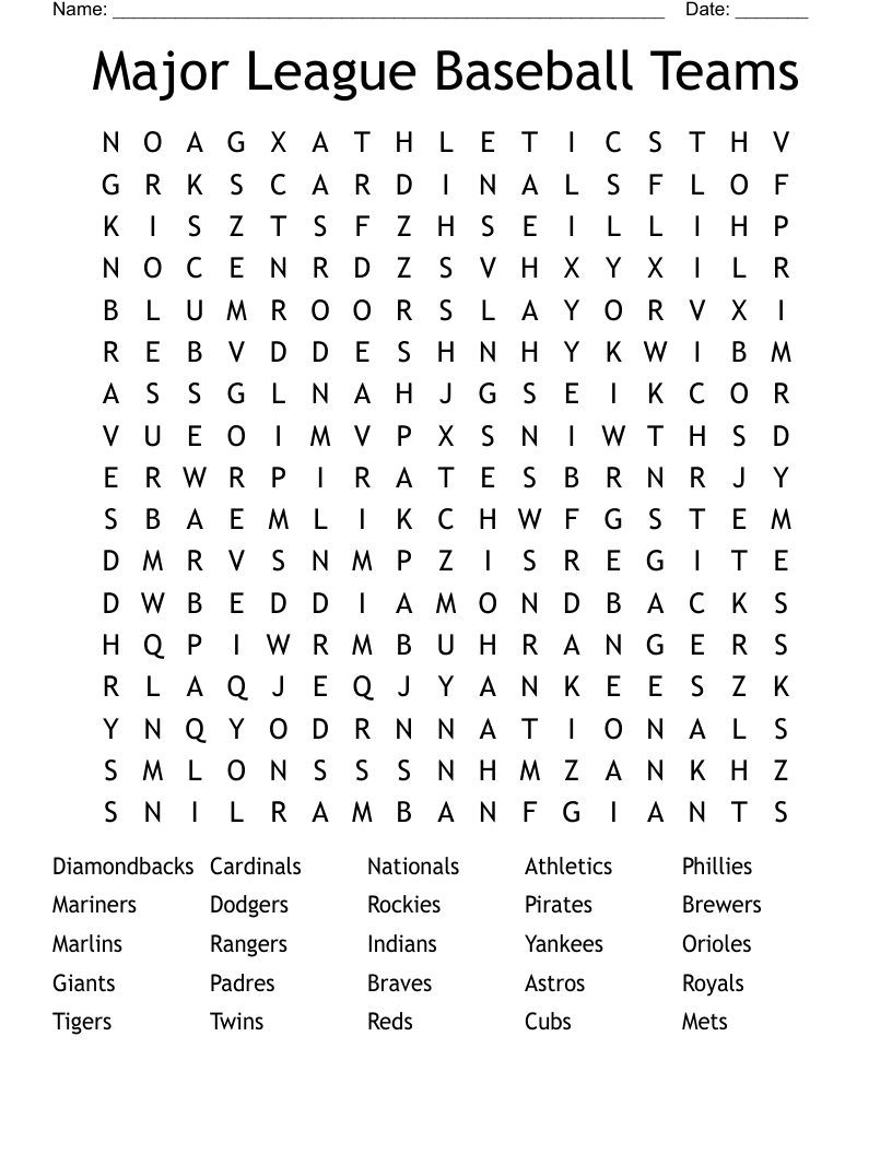 Major League Baseball Teams Word Search
