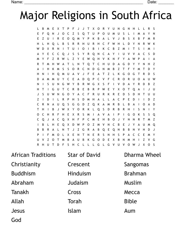 Major Religions in South Africa Word Search