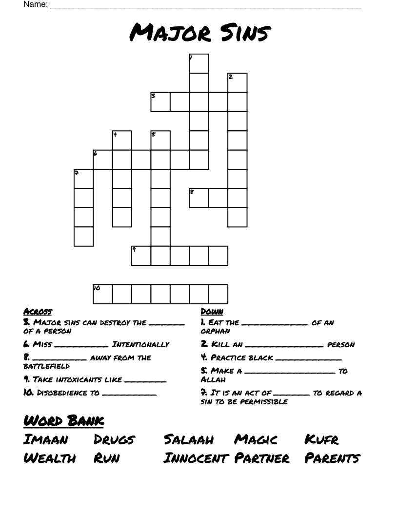 Major Sins Crossword