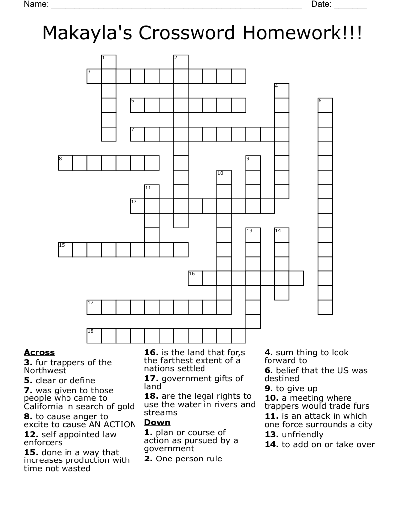 Makayla's Crossword Homework!!!