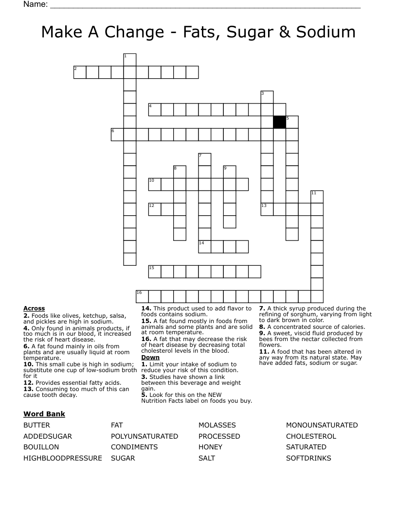 Make A Change - Fats, Sugar & Sodium Crossword