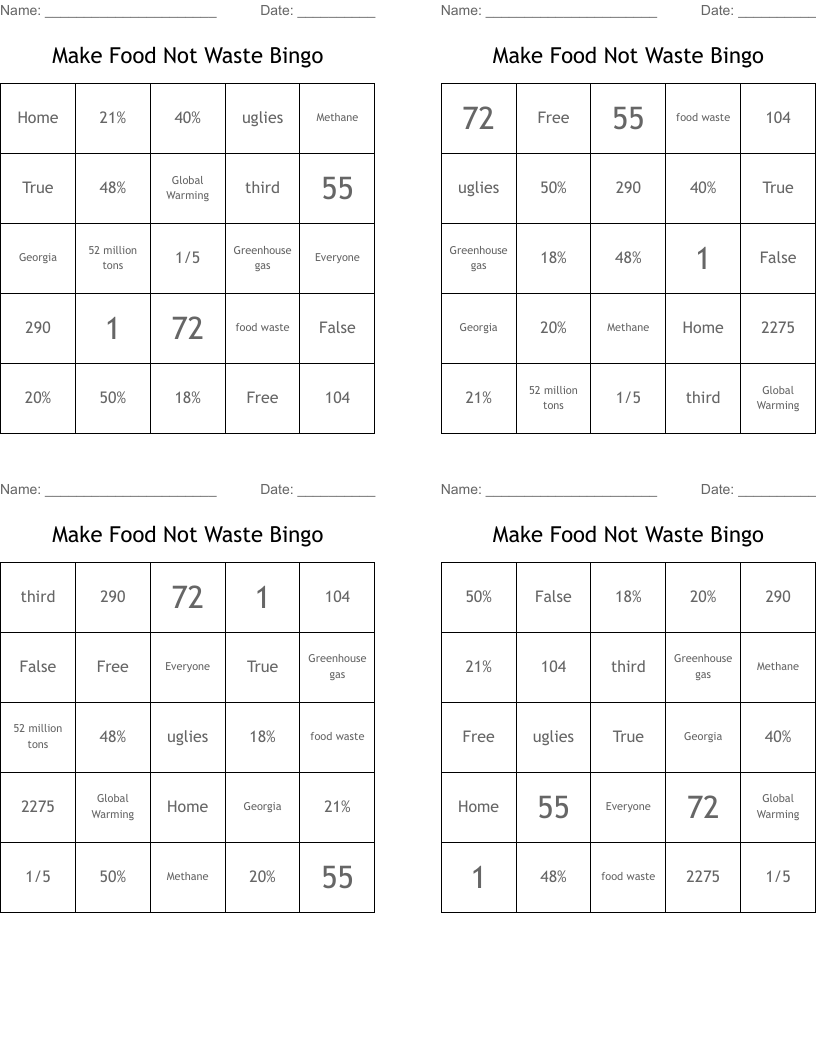Make Food Not Waste Bingo