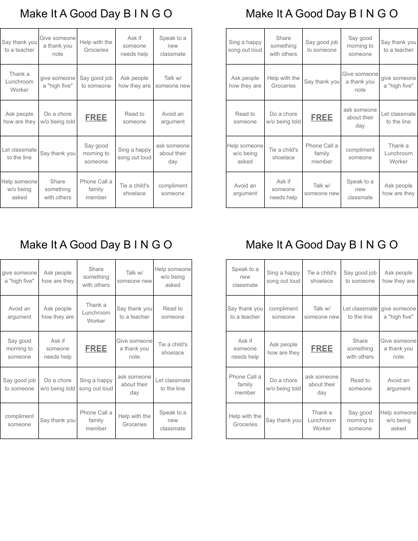 Make It A Good Day B  I   N  G  O Bingo Cards