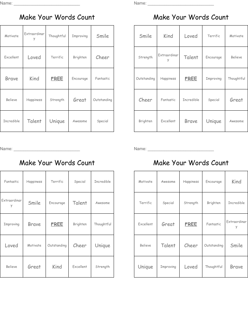 Make Your Words Count Bingo Cards