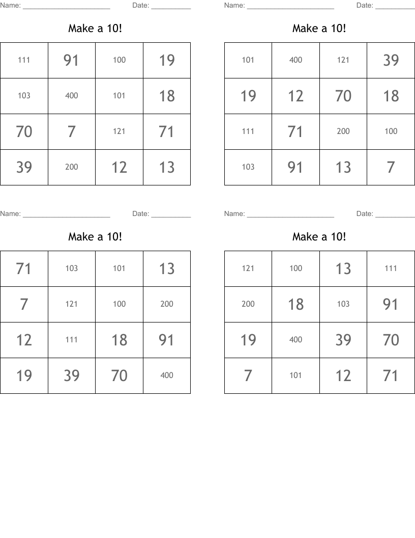 Make a 10! Bingo Cards