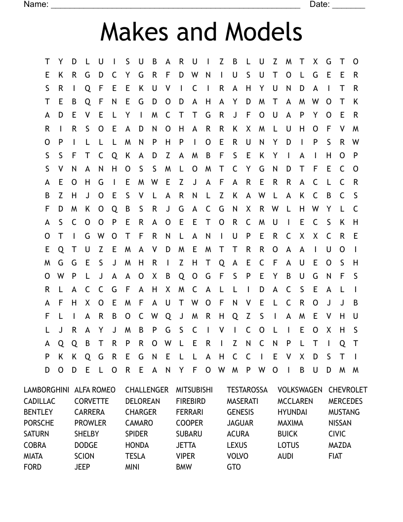 Makes and Models Word Search