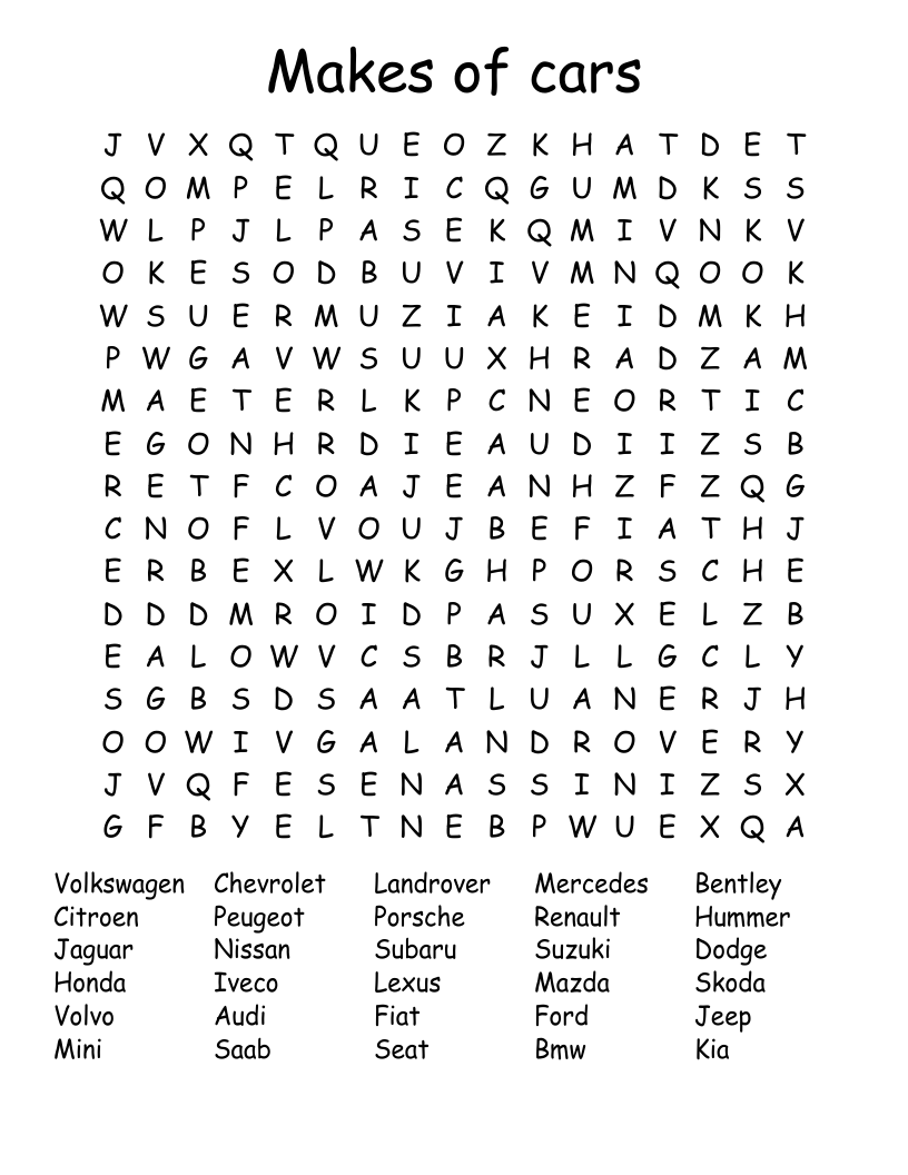 Makes of cars  Word Search
