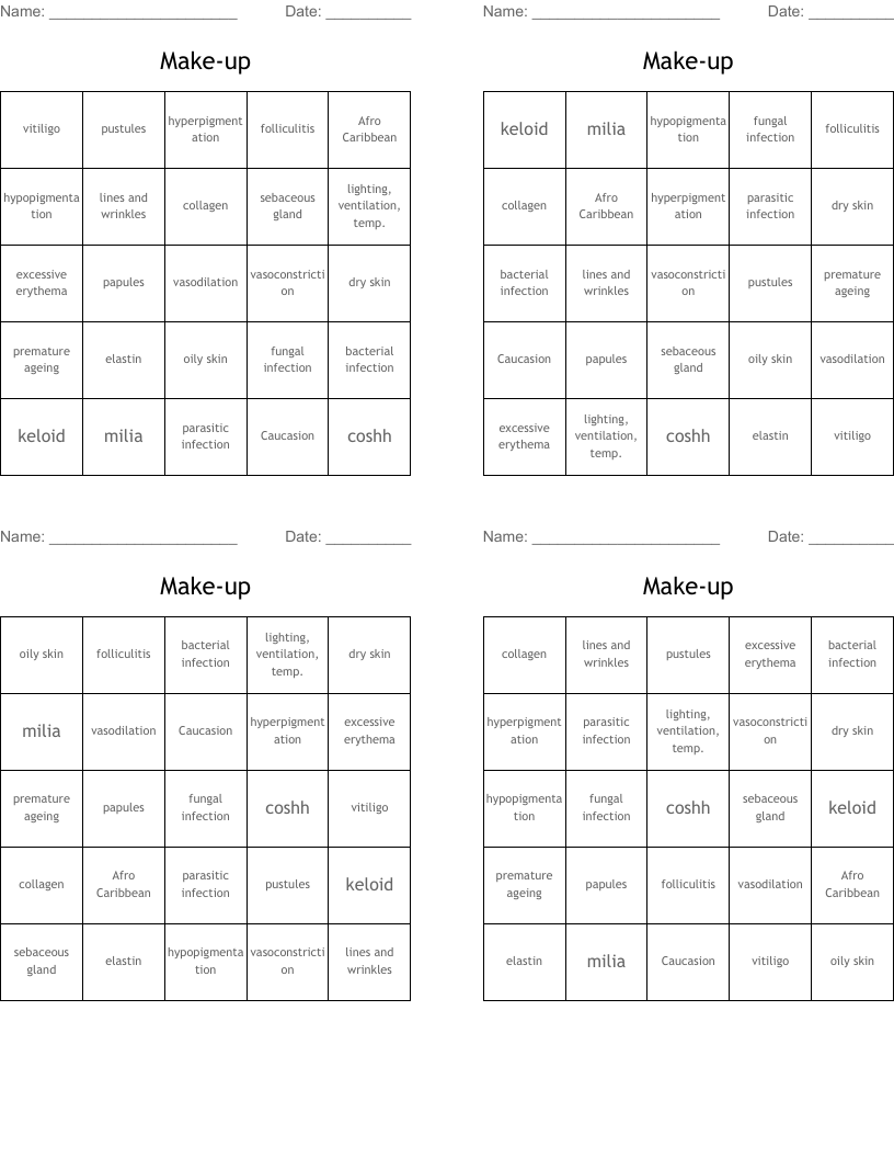 Make-up  Bingo Cards