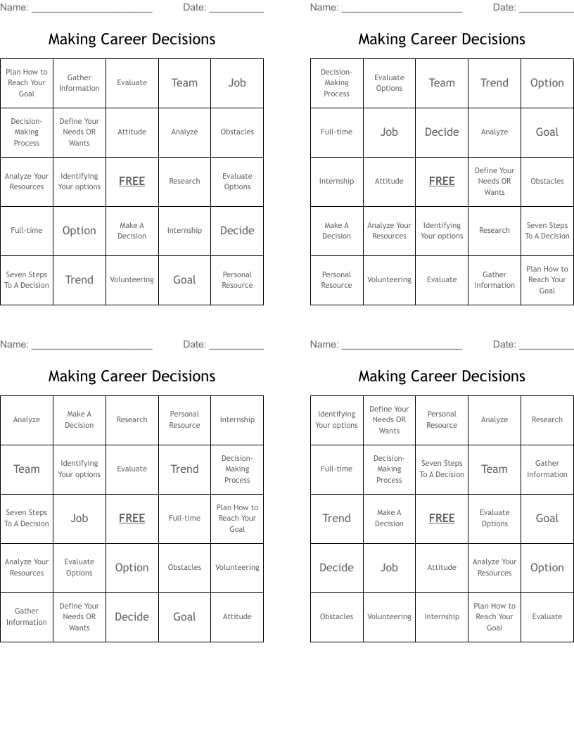 Making Career Decisions Bingo Cards