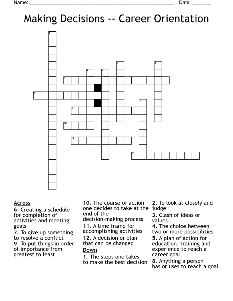 Making Decisions -- Career Orientation Crossword