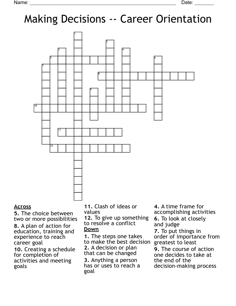 Making Decisions -- Career Orientation Crossword