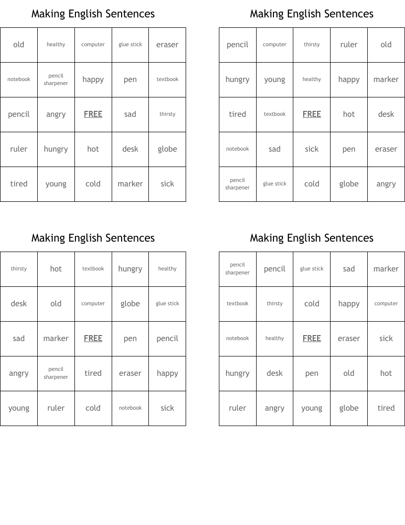 Making English Sentences Bingo Cards