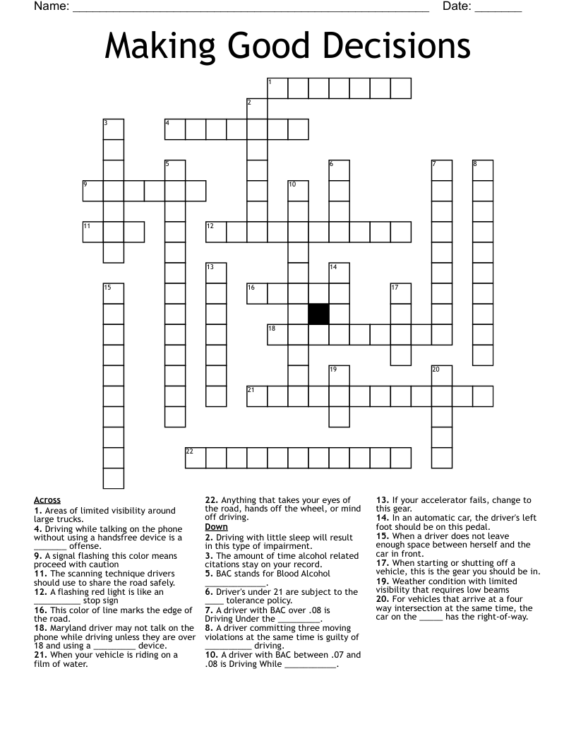 Making Good Decisions Crossword