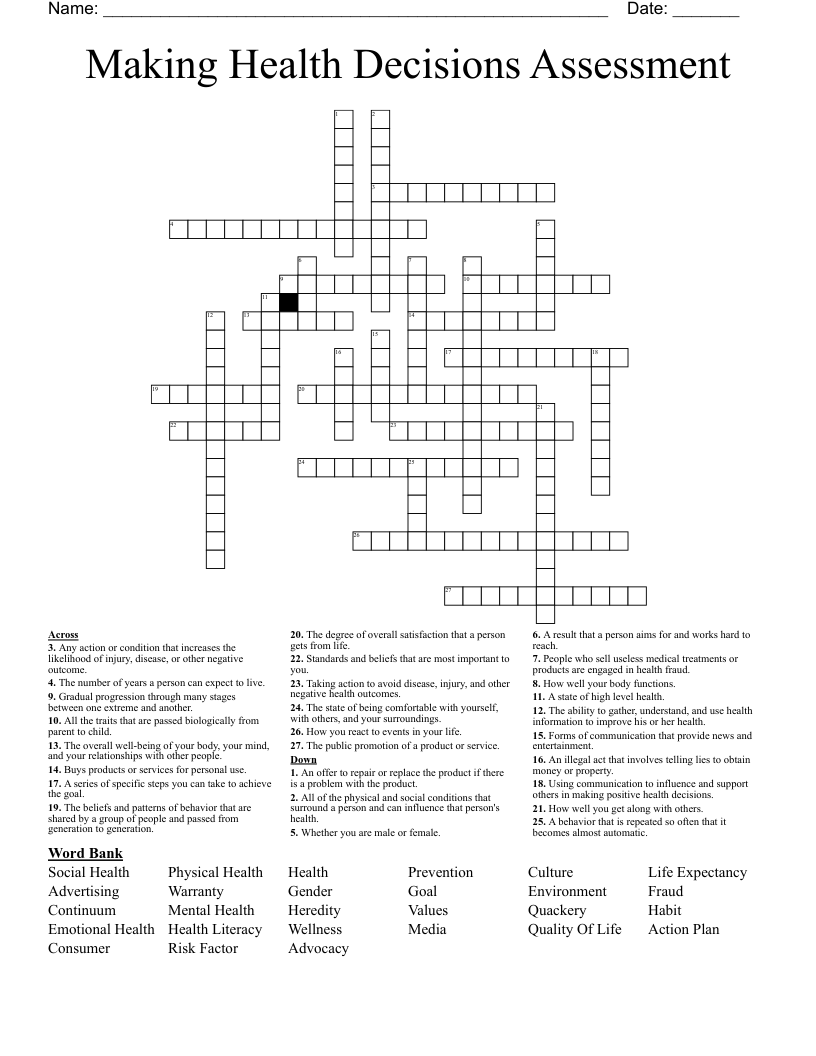 Making Health Decisions Assessment Crossword