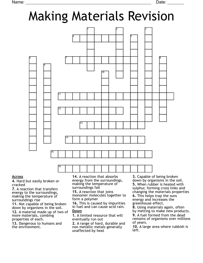 Making Materials Revision Crossword