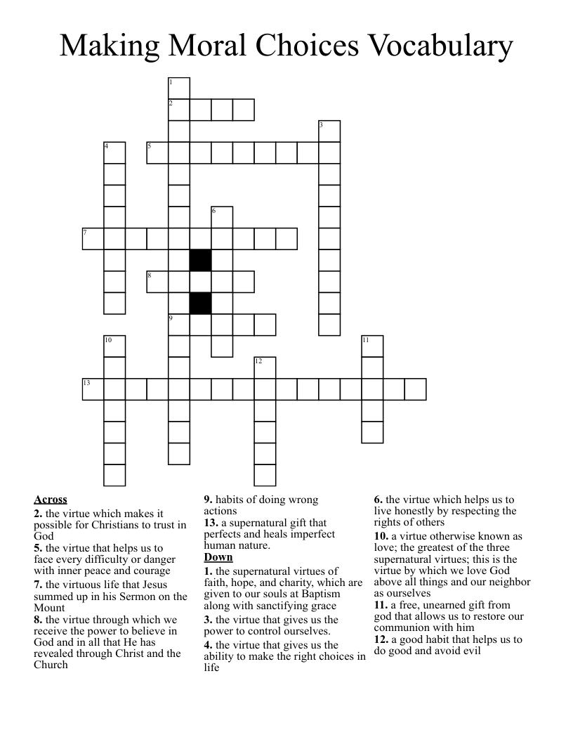 Making Moral Choices Vocabulary Crossword
