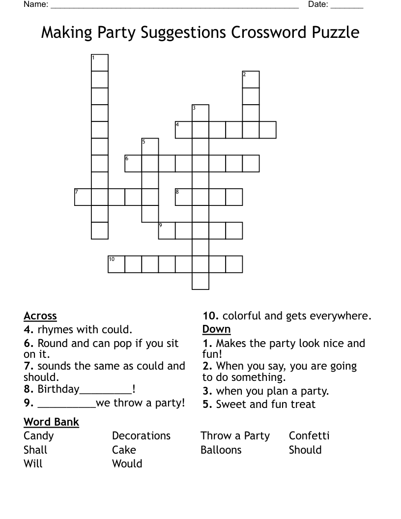 Making Party Suggestions Crossword Puzzle