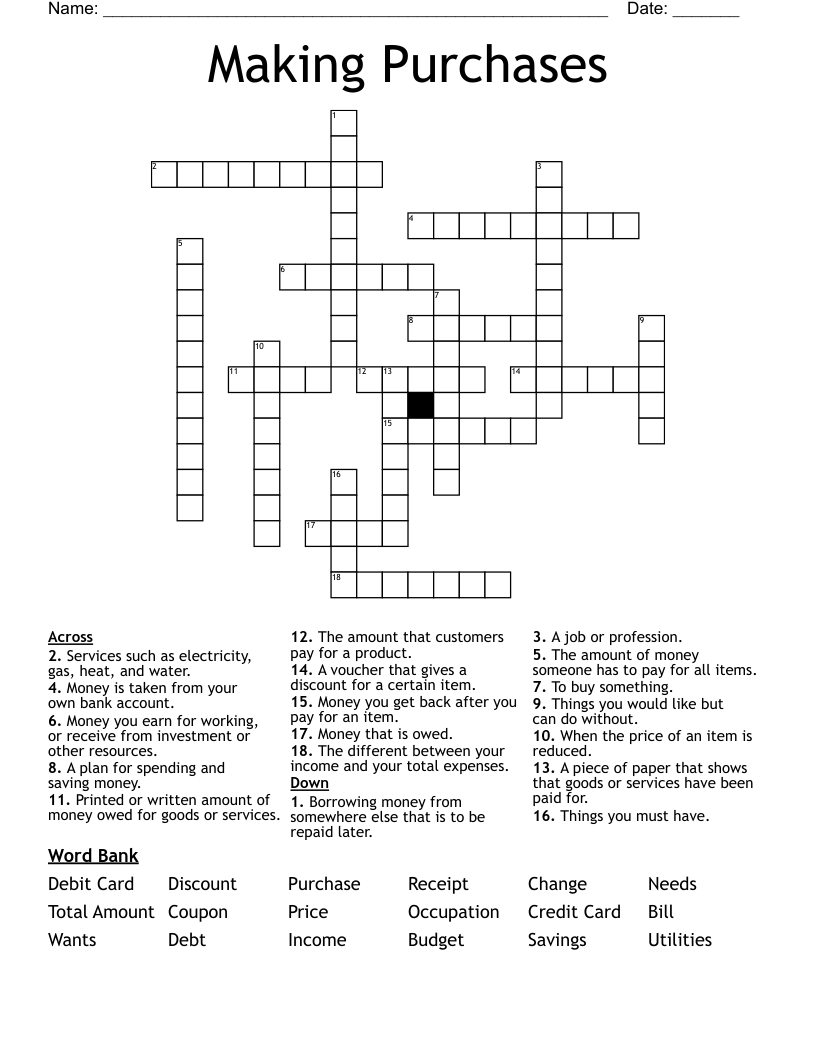 Making Purchases Crossword