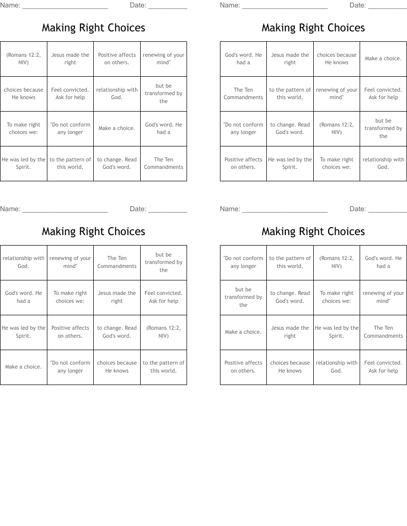 Making  Right Choices Bingo Cards