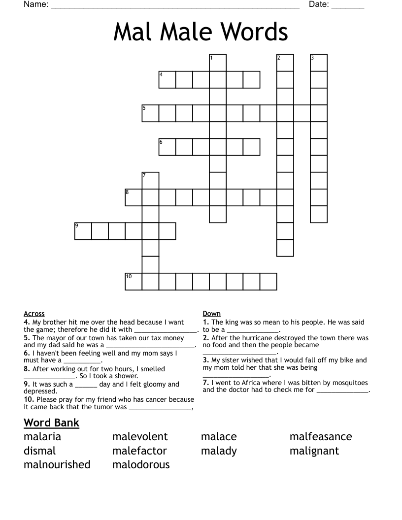 Mal   Male Words Crossword