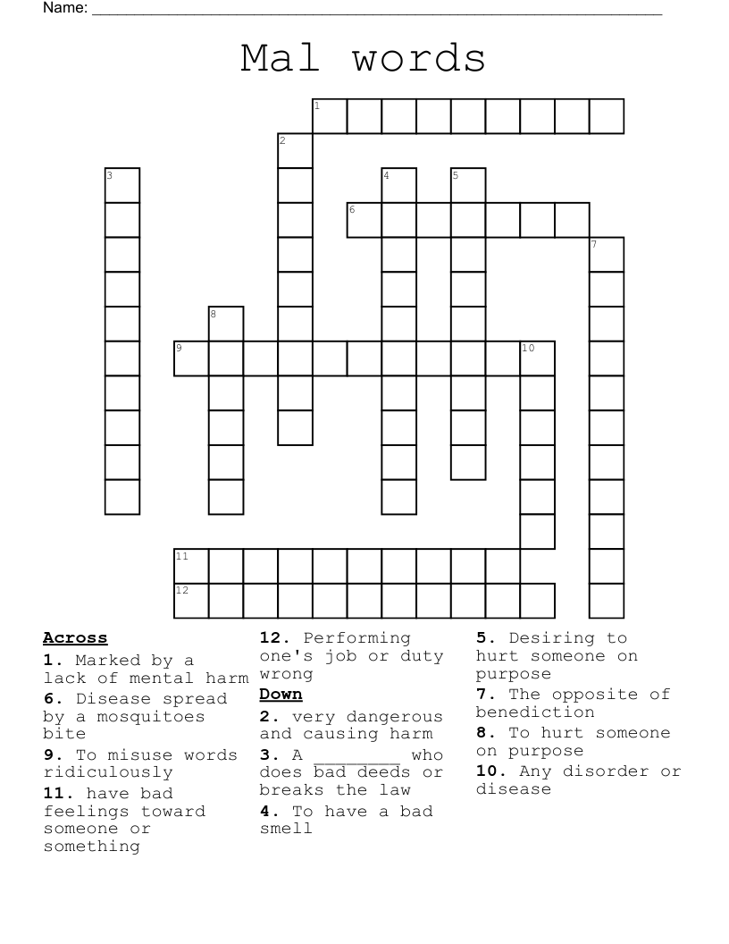 Mal words Crossword