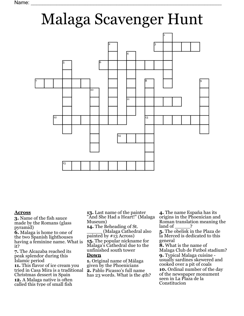 Malaga Scavenger Hunt Crossword