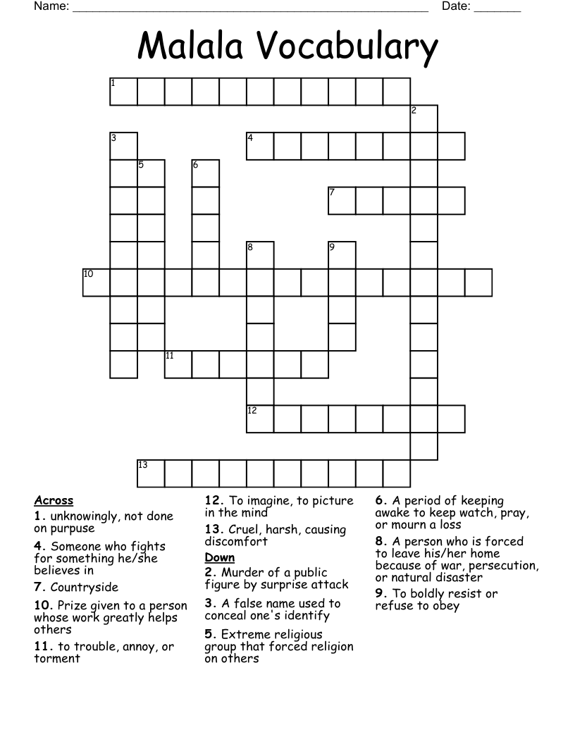 Malala Vocabulary Crossword