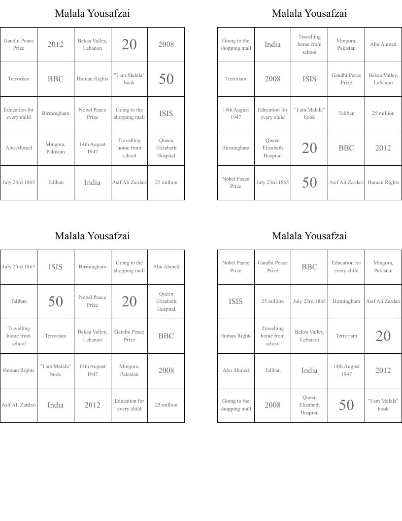 Malala Yousafzai Bingo Cards